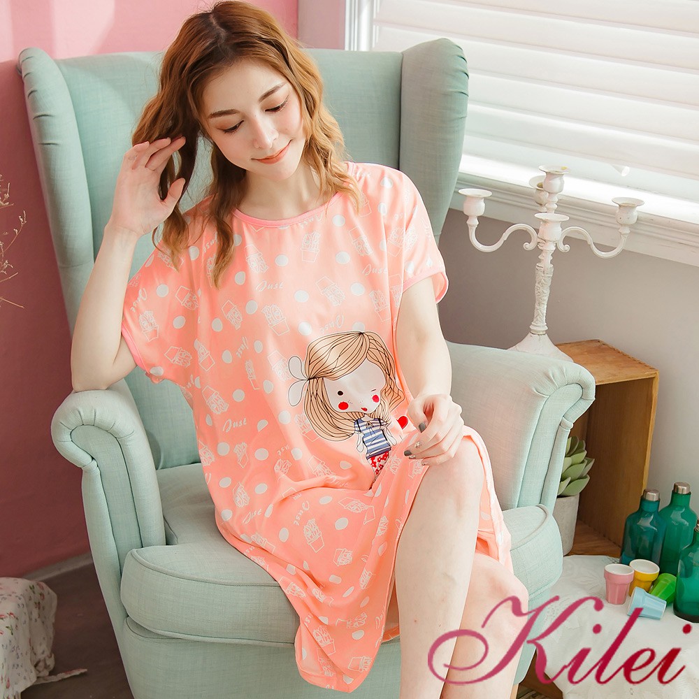 【Kilei】女孩插畫牛奶絲短袖連身裙睡衣XA3622-01(活力淺桔)全尺碼