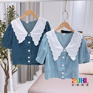 #50990 法式刺繡邊領拼接短袖牛仔小香上衣 復古宮廷花邊領牛仔毛呢短款上衣 時尚氣質個性泡泡袖上衣