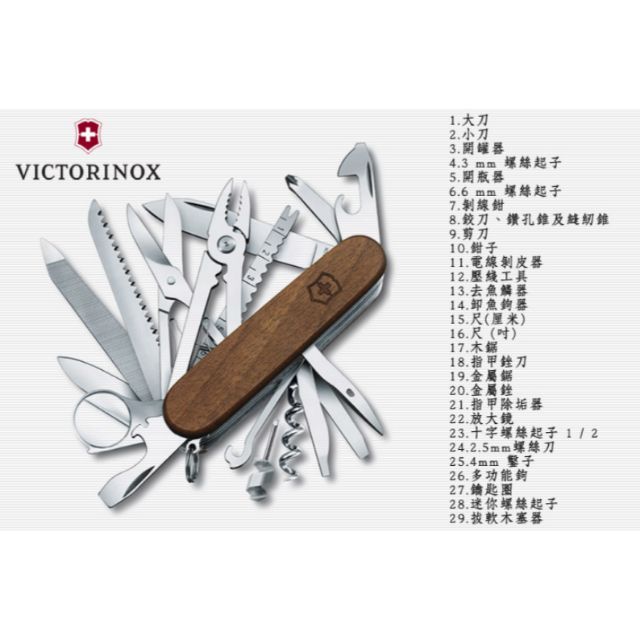 VICTORINOX 瑞士維氏Swiss Champ Wood胡桃木29用瑞士刀