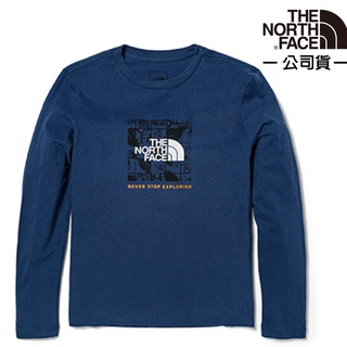 【The North Face】童 Graphic Tee 透氣純棉圓領印花長袖T恤.休閒衫.運動上衣/蔭藍_7WOL