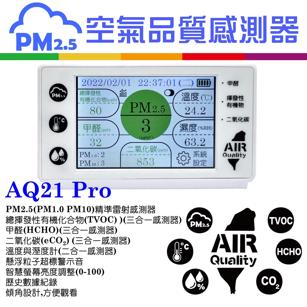 台灣製造 空氣品質偵測器 感測器 AQ21Pro PM2.5 甲醛 TVOC 二氧化碳 溫溼度 全彩觸控螢幕  數據紀錄