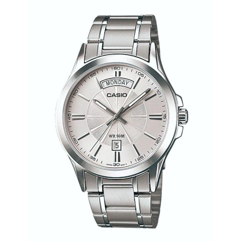 CASIO WATCH 卡西歐紳士銀色放射紋面開天窗星期日期石英鋼帶腕錶 型號：MTP-1381D-7A【神梭鐘錶】
