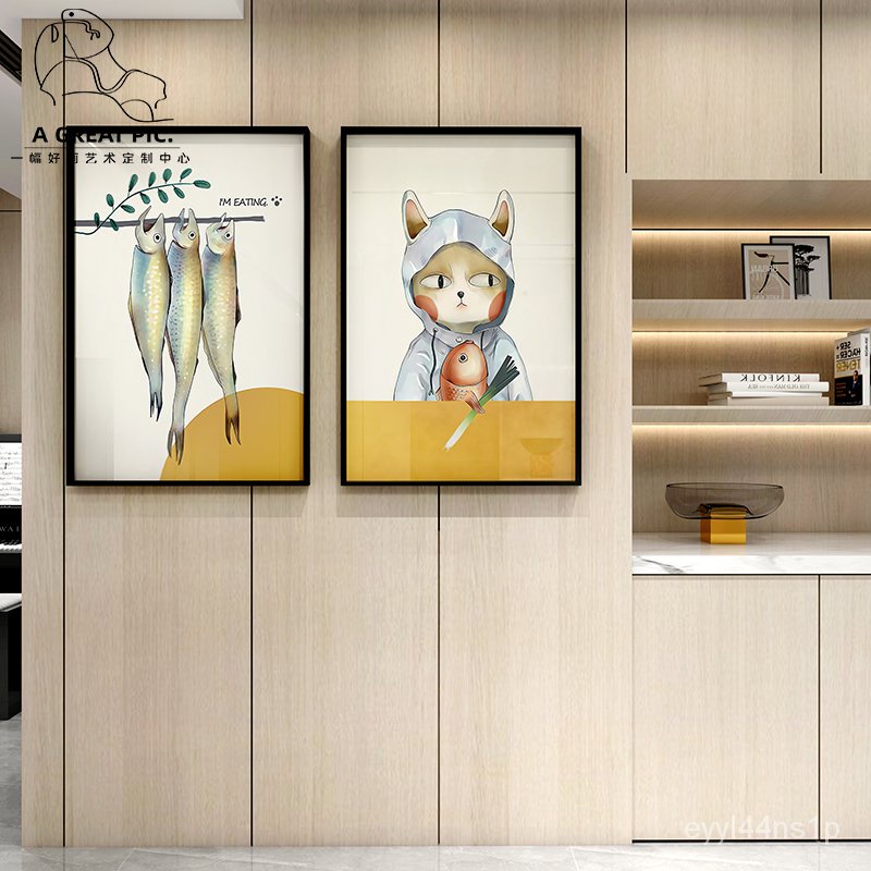 免運  新品  日式餐廳裝飾畫動漫大魚貓咪掛畫沙發背景墻壁畫潮流墻畫客廳掛畫