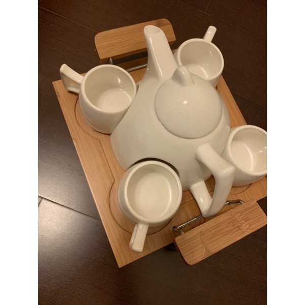 詩肯柚木泡茶茶具組（含托盤、茶壺、茶杯）