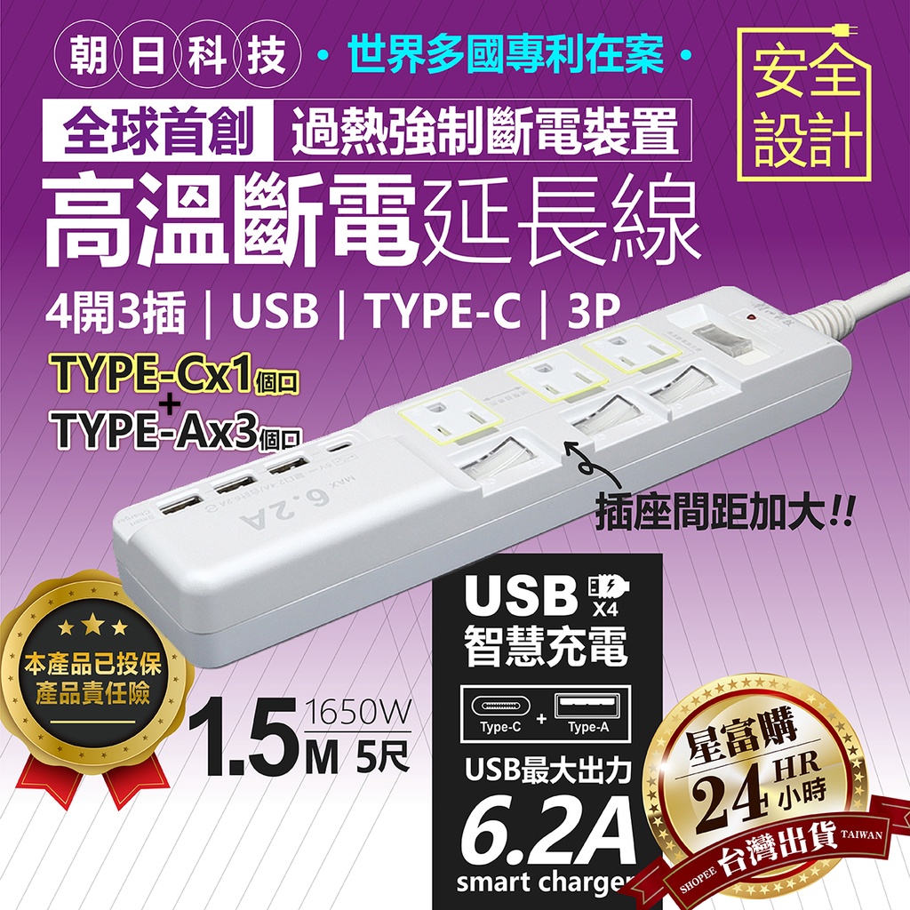 【現貨免運】朝日電工6.2A(PTP-334U-15)3P高溫斷電4開3插+4USB延長線1.5米