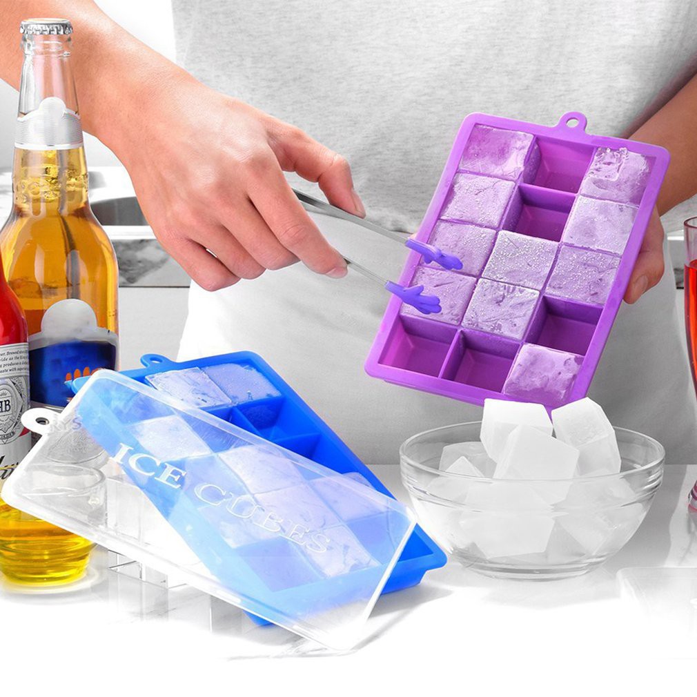 食品級15格方形硅膠冰格製冰模具 食品級硅膠 PP透明制冰盒 冰塊模具 方形冰塊盒 創意冰模具方形冰塊模具矽膠冰塊