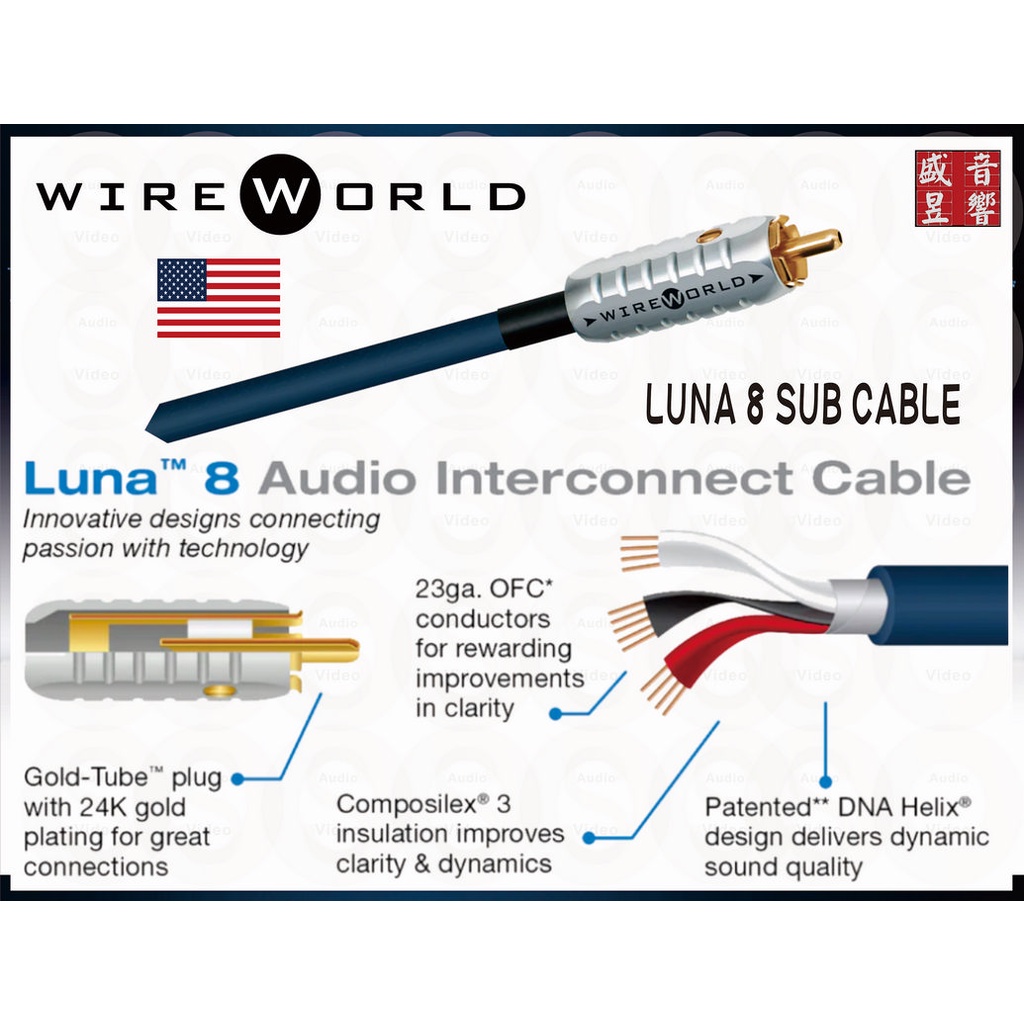 美國 Wireworld  LUNA 8 重低音訊號線 單端RCA線 4米 無氧銅線材 鍍金銀端子 公司貨