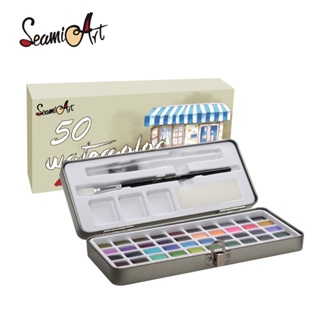 SeamiArt 50色鐵盒固體水彩套裝【西米藝術】含水筆+海綿塊 塊狀水彩 水彩禮盒套裝 寫生套裝