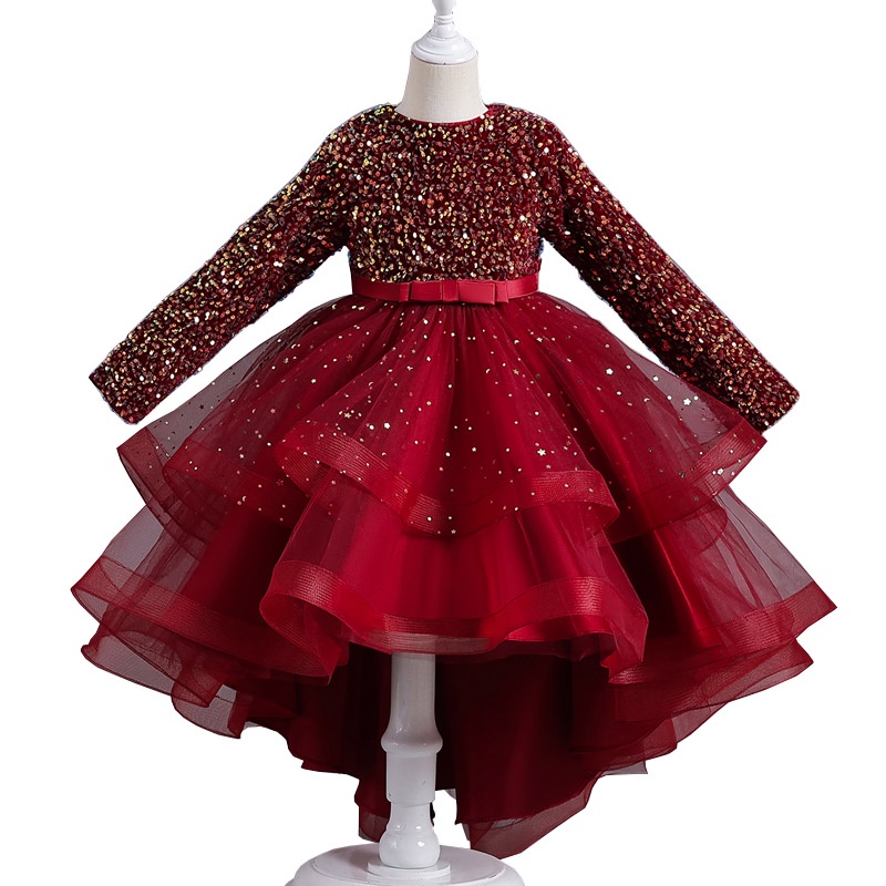 長袖公主裙 女童亮片洋裝 花童拖尾蓬蓬網紗禮服 春季新款紅色香檳色連衣裙洋裝
