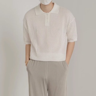 針織短袖Polo衫男士 夏季韓版寬鬆百搭復古素色短袖翻領T恤衫 短袖短袖Polo衫