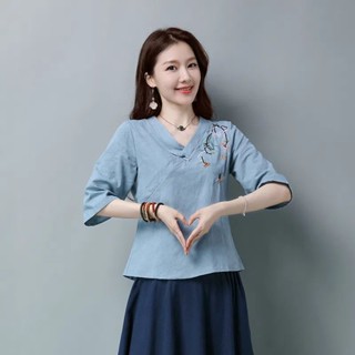 民族風棉麻上衣 茶服 女裝V領斜襟復古盤扣五分袖t恤女 夏季女裝 短袖t恤 中大尺碼女裝 短袖上衣 寬鬆上衣短袖