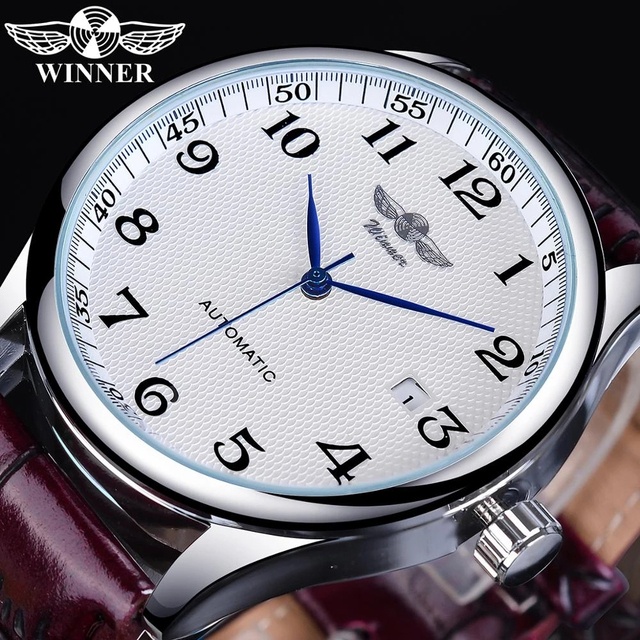 WINNER 復古經典設計日曆棕色皮帶藍色指針男士時尚自動機械手錶