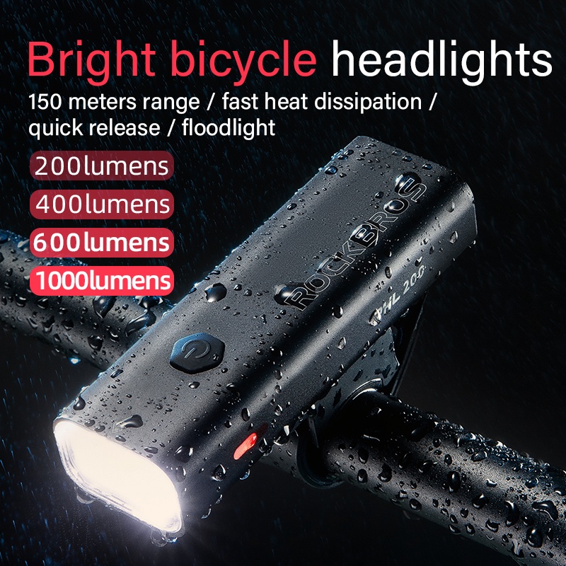 ROCKBROS 自行車頭燈前燈 USB 充電手電筒 200 LM 防雨山地自行車騎行裝備