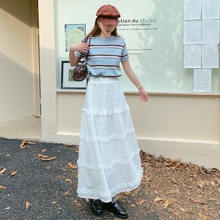 【HARPER】溫柔刺繡蕾絲蛋糕長裙 有內裡 | 隔日到貨 蕾絲 裙子 中長裙 蛋糕裙【SKA39238J】
