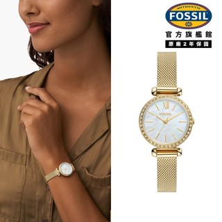 【FOSSIL 官方旗艦館】 Tillie Mini 鑲鑽細緻女錶 金色不鏽鋼米蘭帶 26 MM BQW3898
