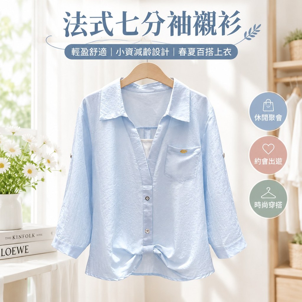 👚法式七分袖襯衫 小資減齡設計 獨特別緻上衣 春夏流行穿搭 休閒聚會適用 約會出遊穿搭 成人女性適用 時尚首選