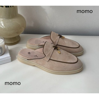 【Momo 春樹下】新款半拖暖沙色滾邊白底樂福鞋
