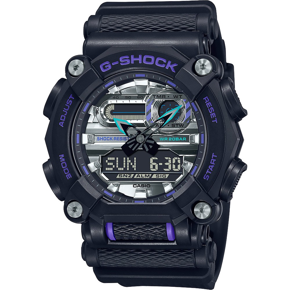 CASIO 卡西歐 G-SHOCK 工業風金屬光雙顯計時手錶-黑X銀 GA-900AS-1A