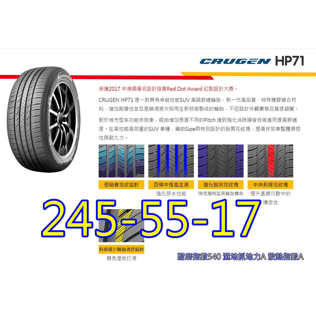 桃園 小李輪胎 錦湖 KUMHO HP71 245-55-17 SUV 靜音 舒適 高品質 全系列 規格 特價 歡迎詢價