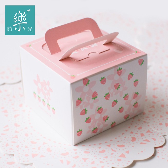 台灣現貨《樂+時光》粉色草莓 4寸 蛋糕盒 手提蛋糕盒 西點盒  起司蛋糕盒 乳酪盒 奶油蛋糕盒 戚風蛋糕盒 (附底托)