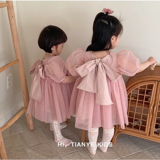 夏季女童洋裝粉色蓬蓬紗袖甜美可愛公主裙小孩裙子女寶連衣裙裙子1-6歲
