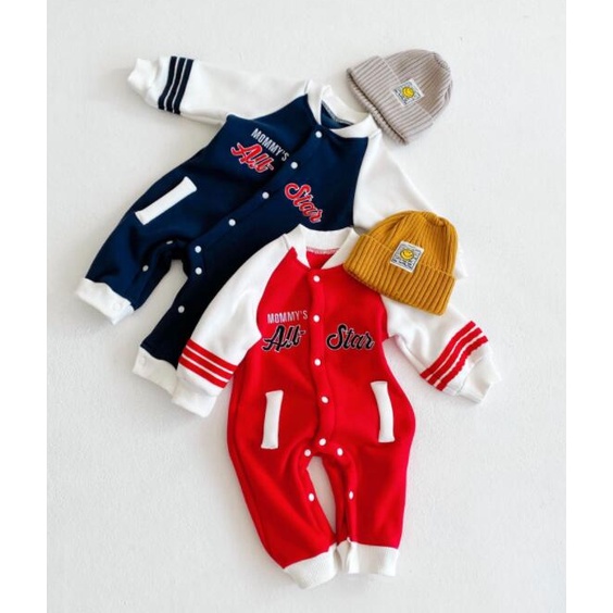 【特價現貨】百搭寶寶嬰運動風連身線條紅藍個性帥氣籃球風刷毛包屁衣服