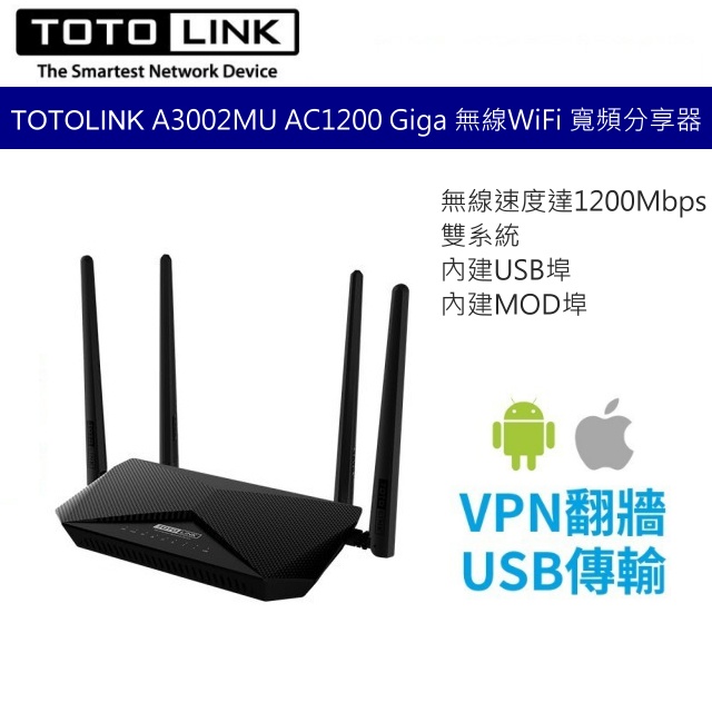 TOTOLINK A3002MU AC1200 Giga 無線WiFi 雙系統翻牆 寬頻分享器 路由器 MOD可用