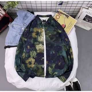 【裡歐服飾】復古油畫印花襯衫(綠黃款) 港風 印象 文青 男裝 女裝 中性服 雅痞 花襯衫 穿搭 潮流 長袖 古典 氣質