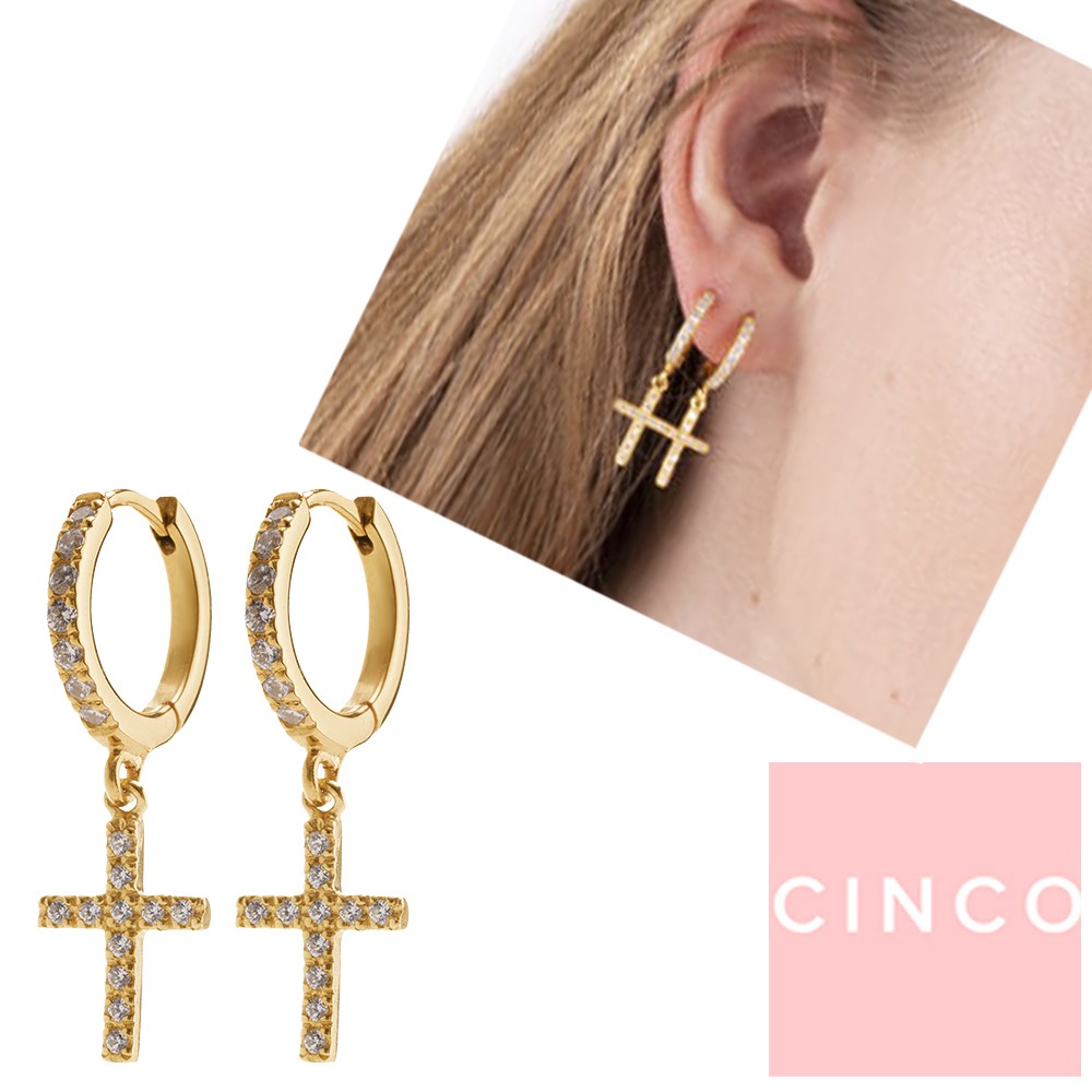 CINCO 葡萄牙精品 Sascha earrings white 925純銀鑲24K金 鑲鑽十字架耳環 白色X金色