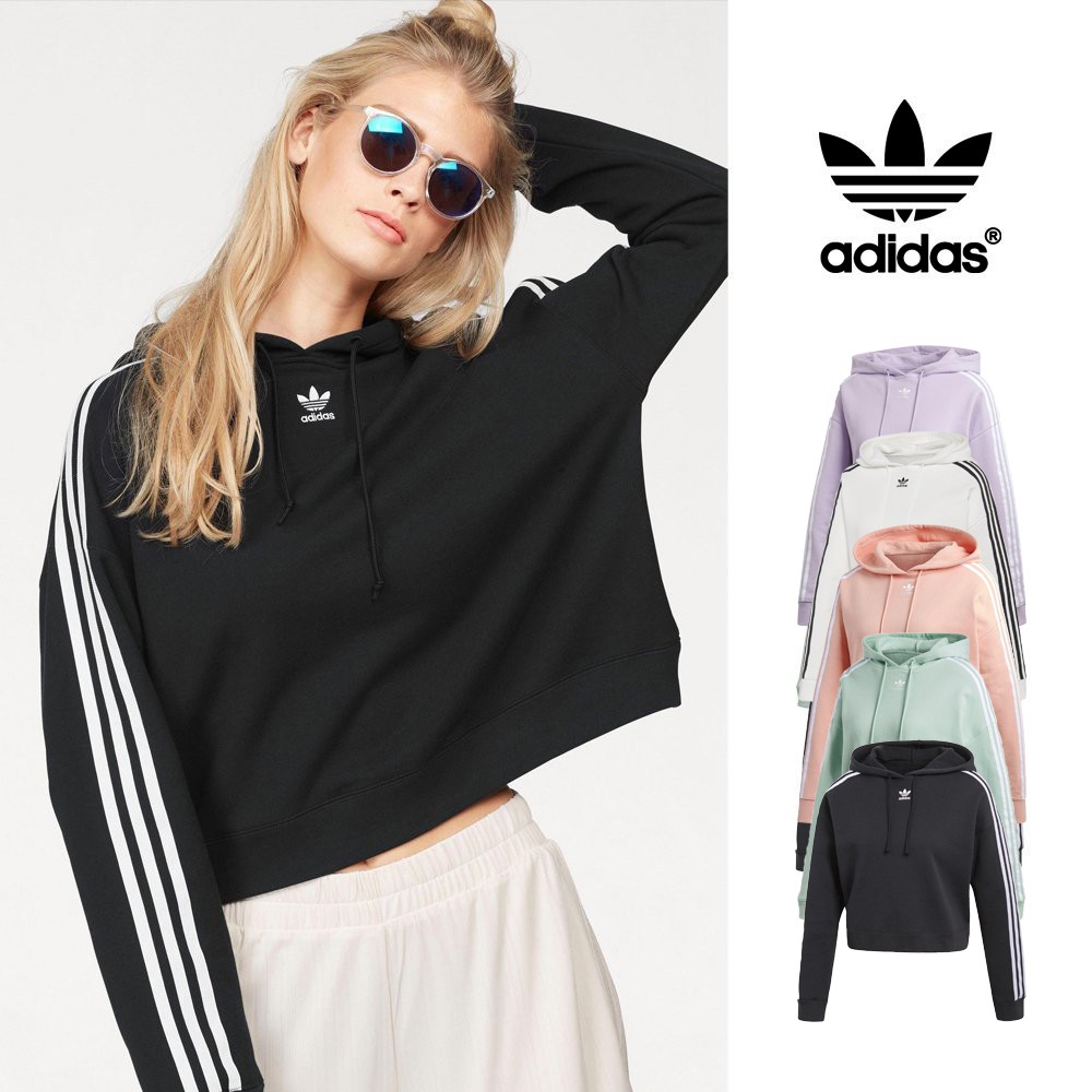 Adidas Originals 黑/綠/粉/白/紫 連帽T恤 女款 短版 落肩 純棉 長袖 運動 休閒 帽衫 三葉草