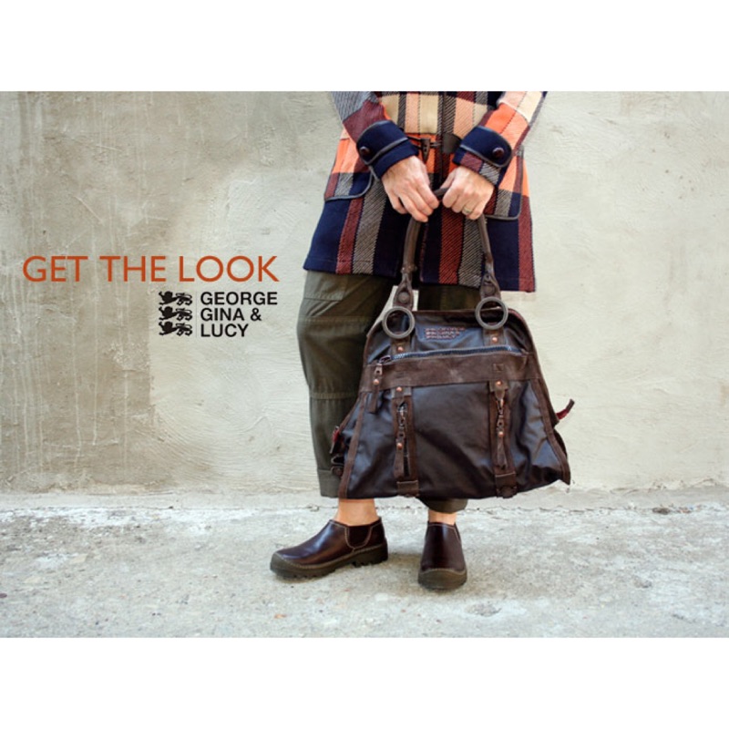 全新正品 德國George Gina & Lucy 咖啡色帆布麂皮滾邊側肩背包