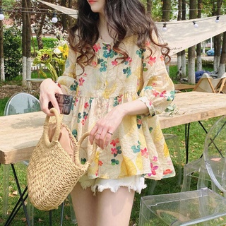 娃娃衫上衣夏季女韓版寬鬆襯衣甜美洋氣a字蓬蓬碎花小衫中袖襯衫