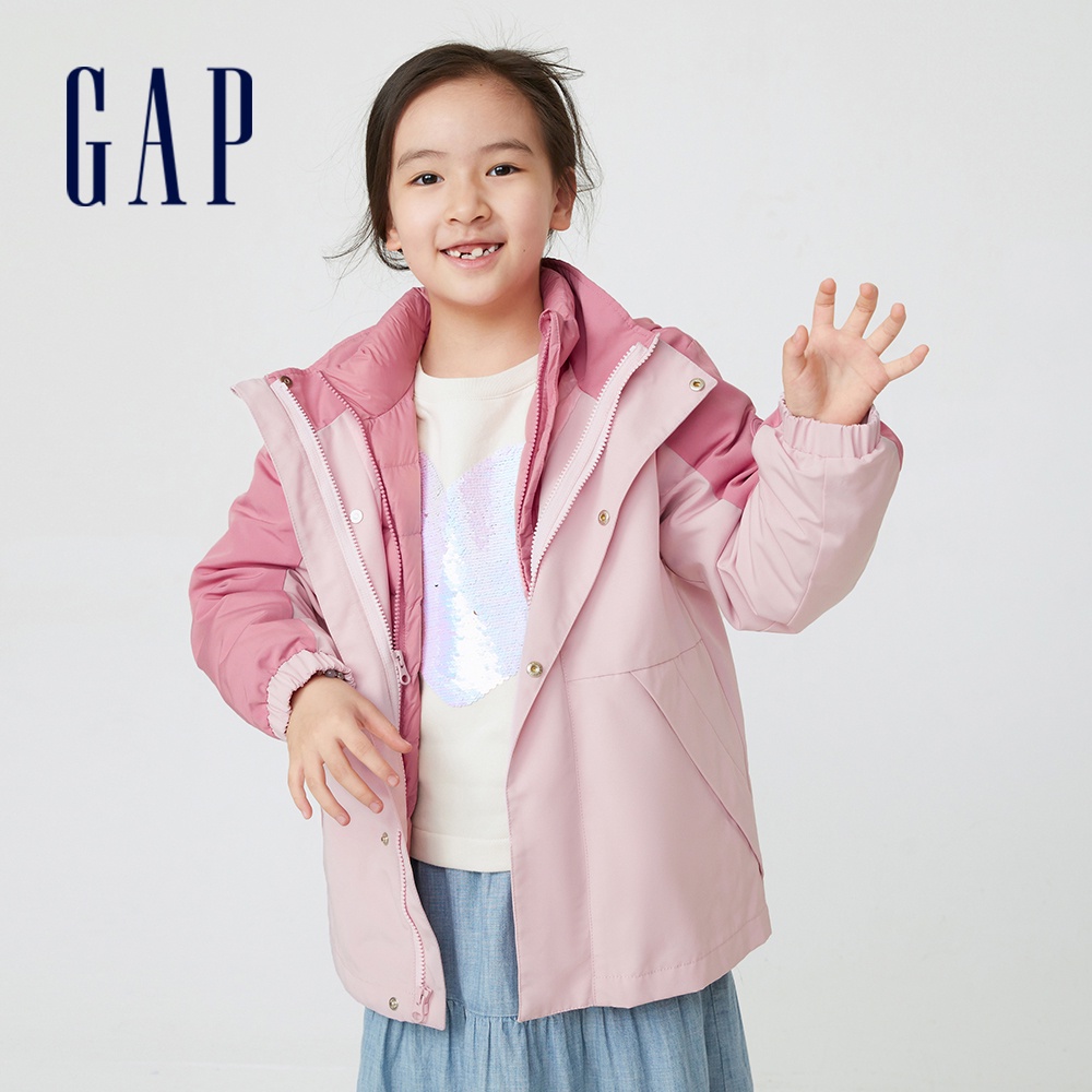 Gap 兒童裝 防雨三合一連帽羽絨外套 大絨朵羽絨系列-粉色(400184)