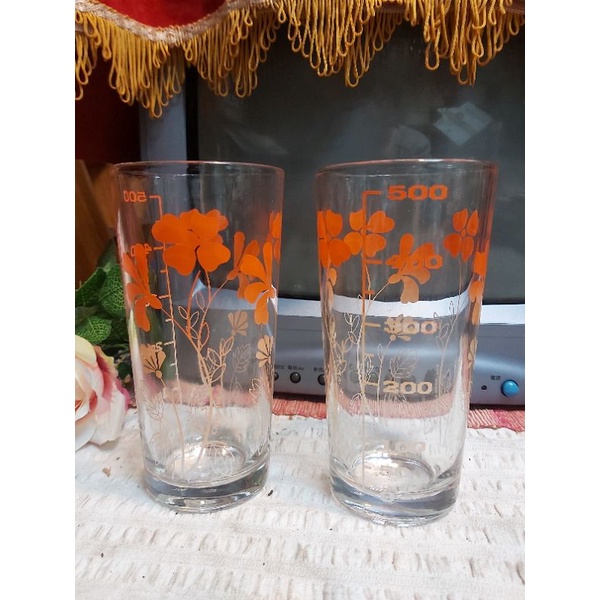 早期懷舊收藏 普普風 冰果室 橘花紋玻璃杯一組2個