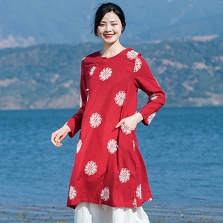 棉麻女裝春季女民族風春裝上衣民國風復古繡花中長款衣服