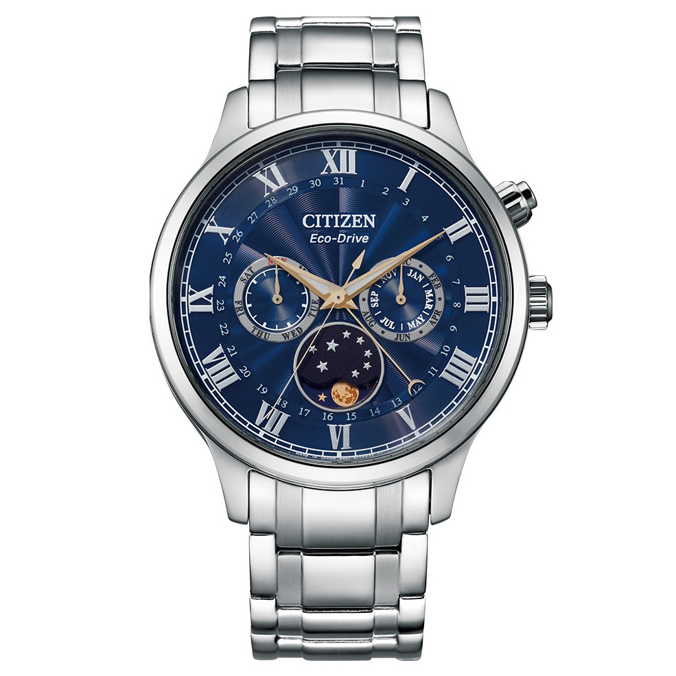 CITIZEN 星辰【AP1050-81L】GENT'S 光動能 月相顯示不鏽鋼腕錶 - 藍面x銀 / 42mm