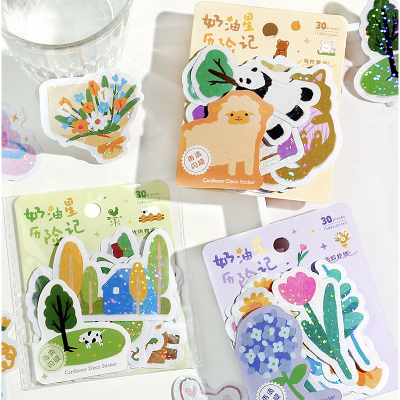 客秋皮～信的戀人 奶油星歷險記 花朵 綿羊 小熊 小花 動物 閃亮 貼紙包 素材手帳貼紙 日記裝飾 文創貼紙 閃亮貼紙包