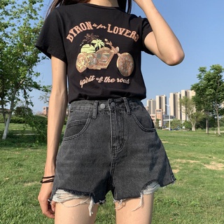 煙灰色高腰a字牛仔短褲女2022年夏季新款韓版寬鬆顯瘦闊腿熱褲潮