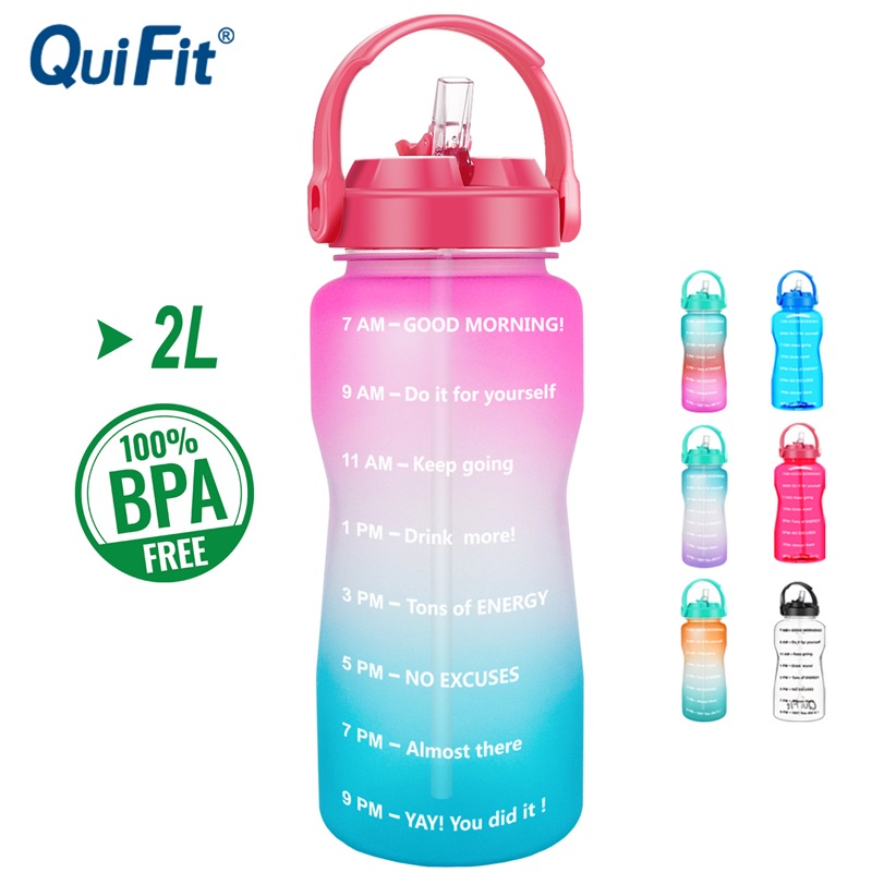 Quifit 2L 廣口 Tritan 水瓶帶吸管 BPA 免費勵志時間標記,適用於健身運動日常不倒翁