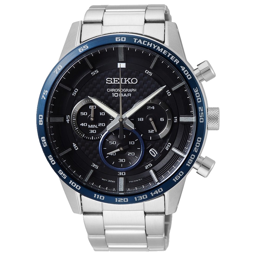 SEIKO精工CS 三眼魅力時尚計時不鏽鋼帶男錶(SSB357P1)-黑x藍錶圈45.2mm