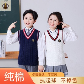 小蜜蜂童裝 女童馬甲 女童背心男女童背心純棉針織馬甲中大童毛衣坎肩加絨加厚保暖背心秋冬校服