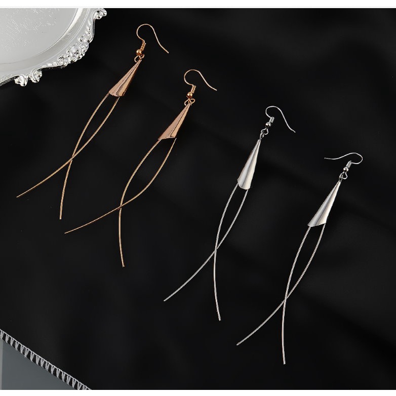 Chis Store 旋轉長垂墜耳環 韓國耳飾雙曲線交錯交叉波浪感垂墜925純銀耳環防過敏耳針無耳洞耳環耳夾式耳環