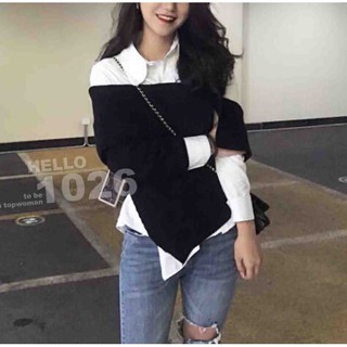 ++1026++歐美知性 斜肩露肩露背 不規則大翻領 一字領長袖毛衣針織毛線衫+A字傘狀魚尾白色襯衫 合身兩件式套裝上衣