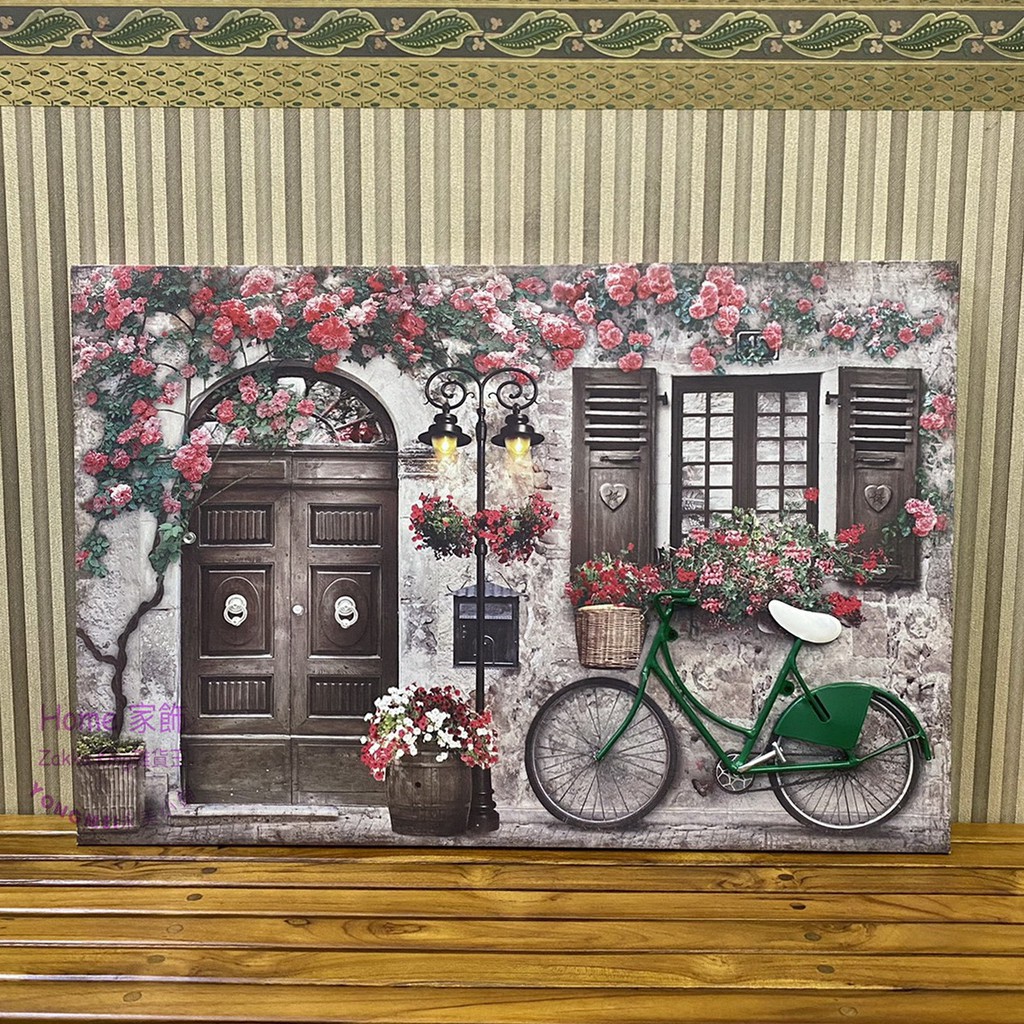 復古大門綠色腳踏車 LED燈掛畫 復古無框畫 壁畫立體畫 居家客廳房間咖啡廳佈置裝飾 雜貨王