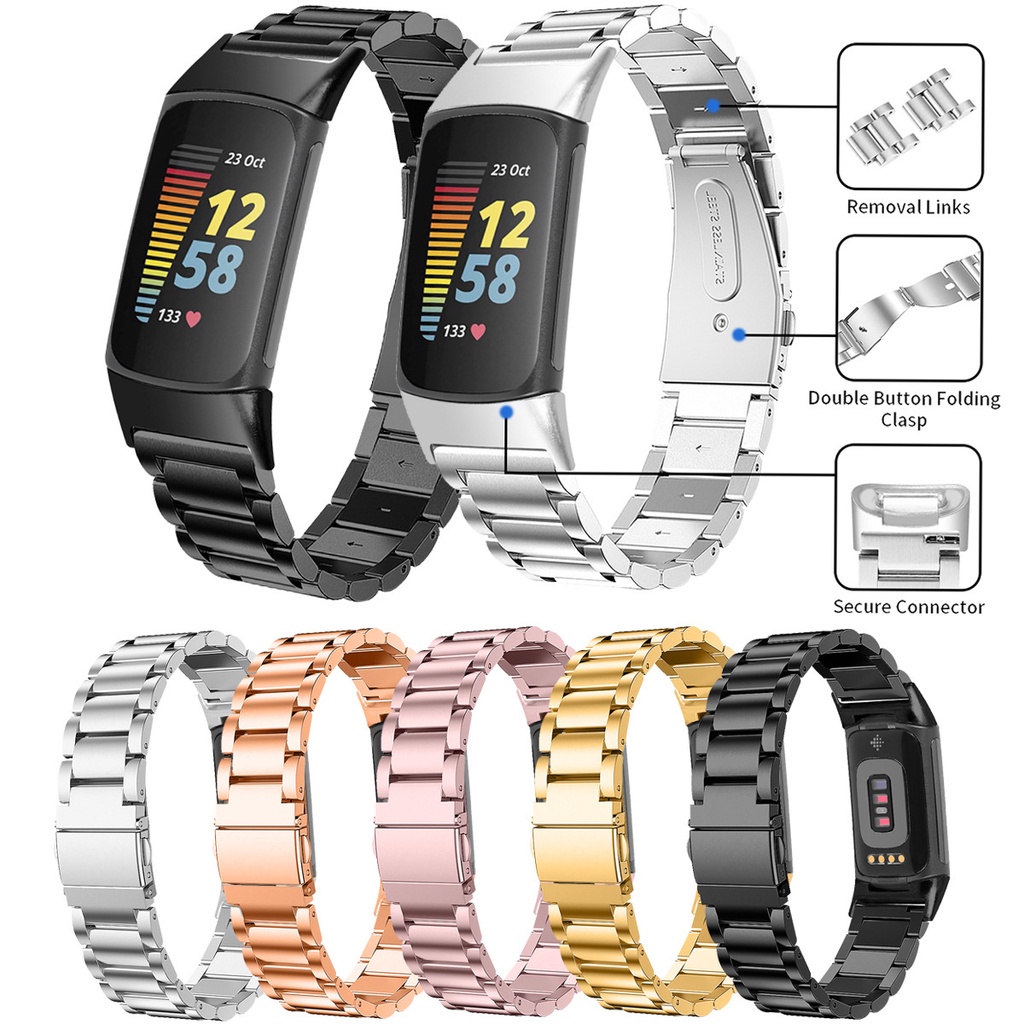 適用於Fitbit charge 6金屬不鏽鋼錶帶 charge 5手錶錶帶 三珠鋼帶 運動 替換腕帶 金屬連接器
