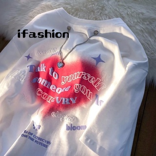 ifashion』甜酷風 漸變愛心短袖t恤 寬松上衣 設計感小眾 炸街上衣 ins 風 短袖上衣 情侶裝