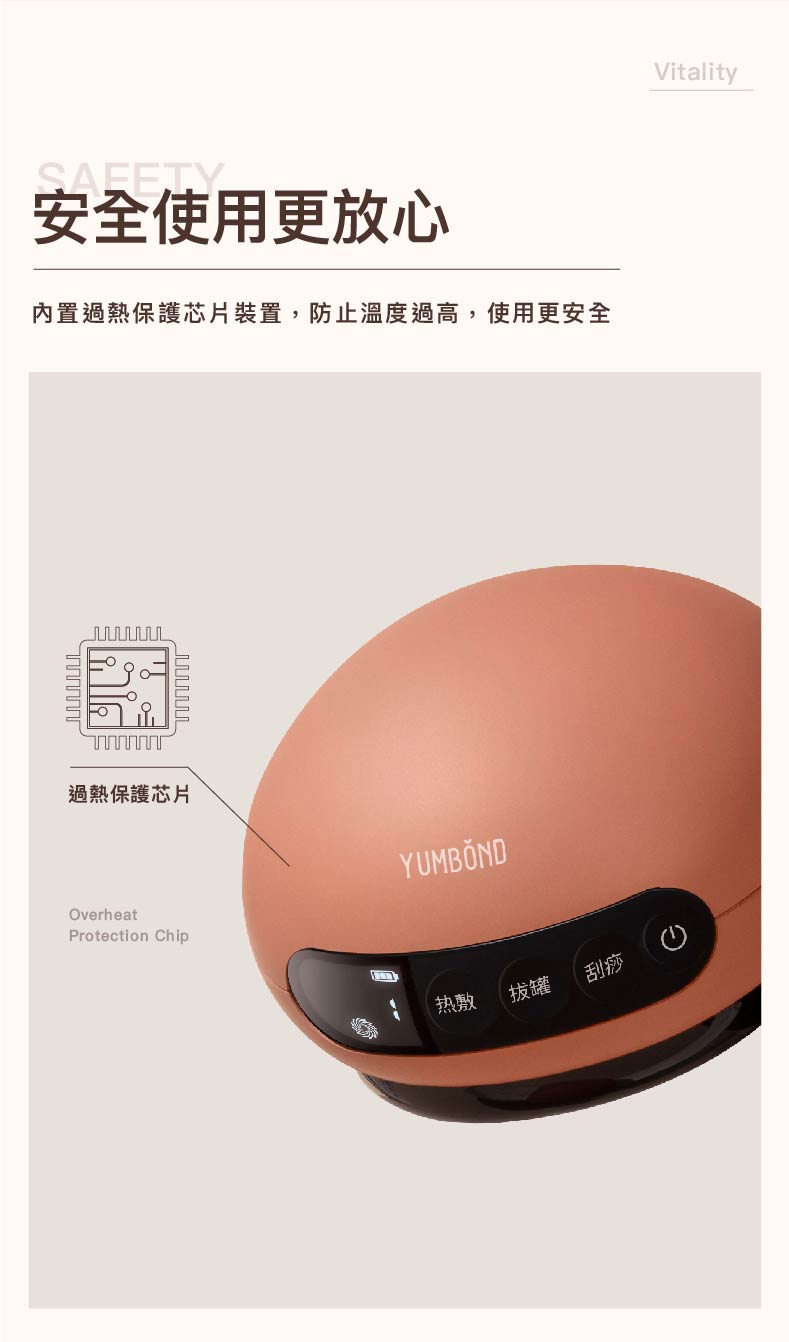 安全使用更放心，內置過熱保護芯片裝置,防止溫度過高,使用更安全，YUMBÖND，過熱保護芯片。