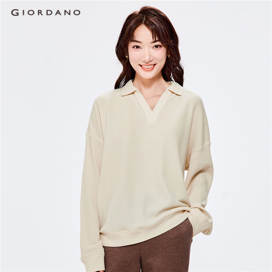 Giordano WOMEN 翻領寬鬆華夫格運動衫 05322787