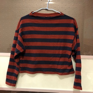 ［二手］Uniqlo條紋(橘/湛藍)微短版寬領上衣