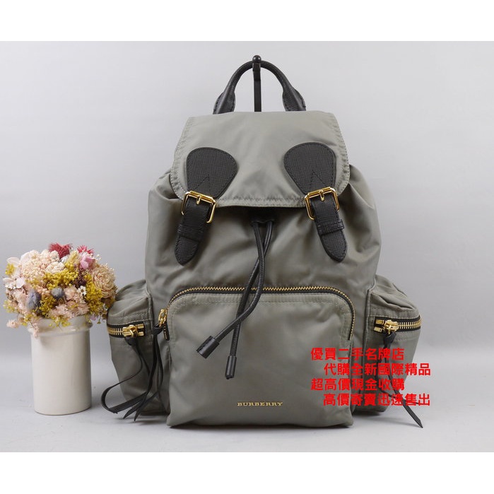 優買二手精品名牌店 BURBERRY THE RUCKSACK 灰 尼龍布 金鍊 中 背包 後背包 軍旅背包 激新